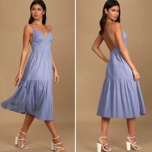 Lulus Happy Times Denim Blue Tiered Midi Dress